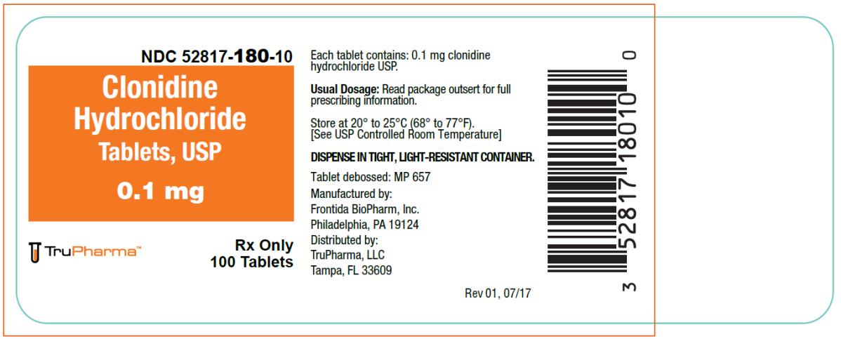 PRINCIPAL DISPLAY PANEL
NDC: <a href=/NDC/52817-180-10>52817-180-10</a>
Clonidine
Hydrochloride
Tablets, USP
0.1 mg
Rx Only
100 Tablets
