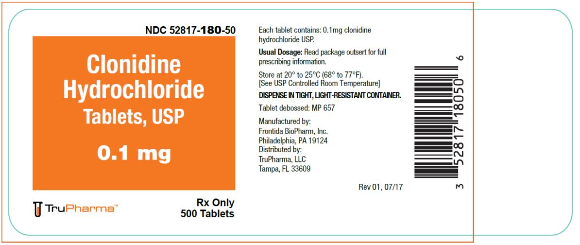 PRINCIPAL DISPLAY PANEL
NDC: <a href=/NDC/52817-180-00>52817-180-00</a>
Clonidine
Hydrochloride
Tablets, USP
0.1 mg
Rx Only
1000 Tablets
