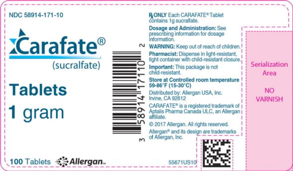 NDC: <a href=/NDC/58914-171-10>58914-171-10</a> 

Carafate®
(sucralfate) 

Tablets 

1 gram 

100 Tablets 

Allergan™
