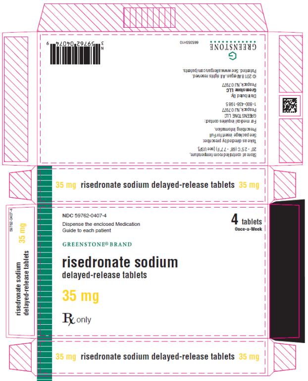 PRINCIPAL DISPLAY PANEL
NDC: <a href=/NDC/59762-0407-4>59762-0407-4</a>
risedronate sodium
delayed-release tablets
35 mg
4 tablets
Once-a-Week
Rx Only

