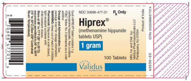 PRINCIPAL DISPLAY PANEL
NDC: <a href=/NDC/30698-477-01>30698-477-01</a>
Hiprex®
(methenamine hippurate
Tablets USP)
1 gram
100 Tablets
Rx Only
