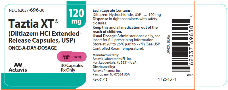 NDC: <a href=/NDC/62037-696-30>62037-696-30</a> Taztia XT® (diltiazem HCI extended- release capsules, USP) ONCE-A-DAY DOSAGE 120 mg Watson® 30 Capsules Rx only Each capsule contains: Diltiazem Hydrochloride USP, 120 mg Usual dosage: Administer once daily, see insert for full prescribing information. Dispense in tight containers with safety closures. Store at controlled room temperature, 20º-25ºC (68º-77ºF). [See USP.] Keep this and all medication out of the reach of children. Manufactured By: Watson Laboratories, Inc. Corona, CA 92880 USA 7092 (03/08) Distributed By: Watson Pharma, Inc.