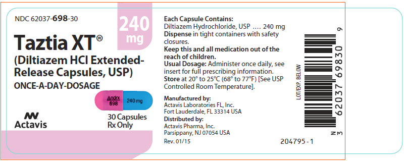 NDC: <a href=/NDC/62037-698-30>62037-698-30</a> Taztia XT® (diltiazem HCI extended- release capsules, USP) ONCE-A-DAY DOSAGE 240 mg Watson® 30 Capsules Rx only Each capsule contains: Diltiazem Hydrochloride USP, 240 mg Usual dosage: Administer once daily, see insert for full prescribing information. Dispense in tight containers with safety closures. Store at controlled room temperature, 20º-25ºC (68º-77ºF). [See USP.] Keep this and all medication out of the reach of children. Manufactured By: Watson Laboratories, Inc. Corona, CA 92880 USA 7096 (03/08) Distributed By: Watson Pharma, Inc.