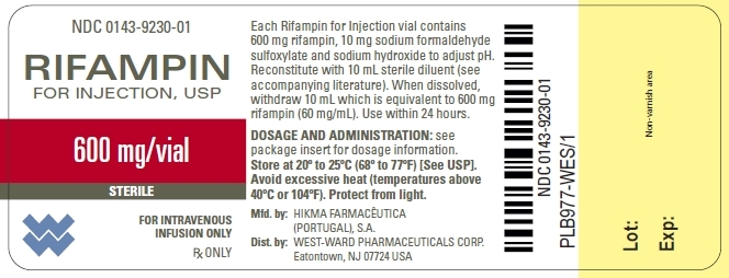 NDC: <a href=/NDC/0143-9230-01>0143-9230-01</a> RIFAMPIN FOR INJECTION, USP 600 mg/vial Sterile FOR INTRAVENOUS INFUSION ONLY Rx ONLY Each Rifampin for Injection vial contains 600 mg rifampin, 10 mg sodium formaldehyde sulfoxylate and sodium hydroxide to adjust pH. Reconstitute with 10 mL sterile diluent (see accompanying literature). When dissolved, withdraw 10 mL which is equivalent to 600 mg rifampin (60 mg/mL). Use within 24 hours. DOSAGE AND ADMINISTRATION: see package insert for dosage information. Store at 20º to 25ºC (68º to 77ºF) [See USP]. Avoid excessive heat (temperatures above 40ºC or 104ºF). Protect from light.