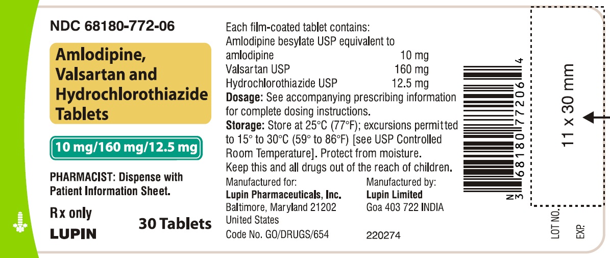 Amlodipine, Valsartan and Hydrochlorothiazide Tablets
Rx Only
10 mg/160 mg/12.5 mg
NDC: <a href=/NDC/68180-772-06>68180-772-06</a>
							30 Tablets