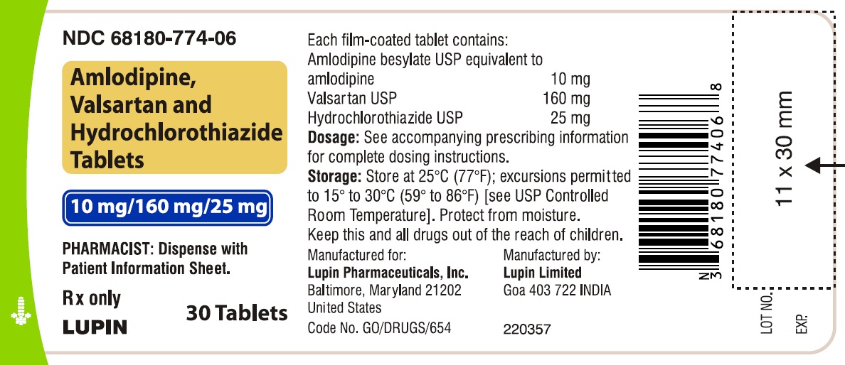 Amlodipine, Valsartan and Hydrochlorothiazide Tablets
Rx Only
10 mg/160 mg/25 mg
NDC: <a href=/NDC/68180-774-06>68180-774-06</a>
							30 Tablets