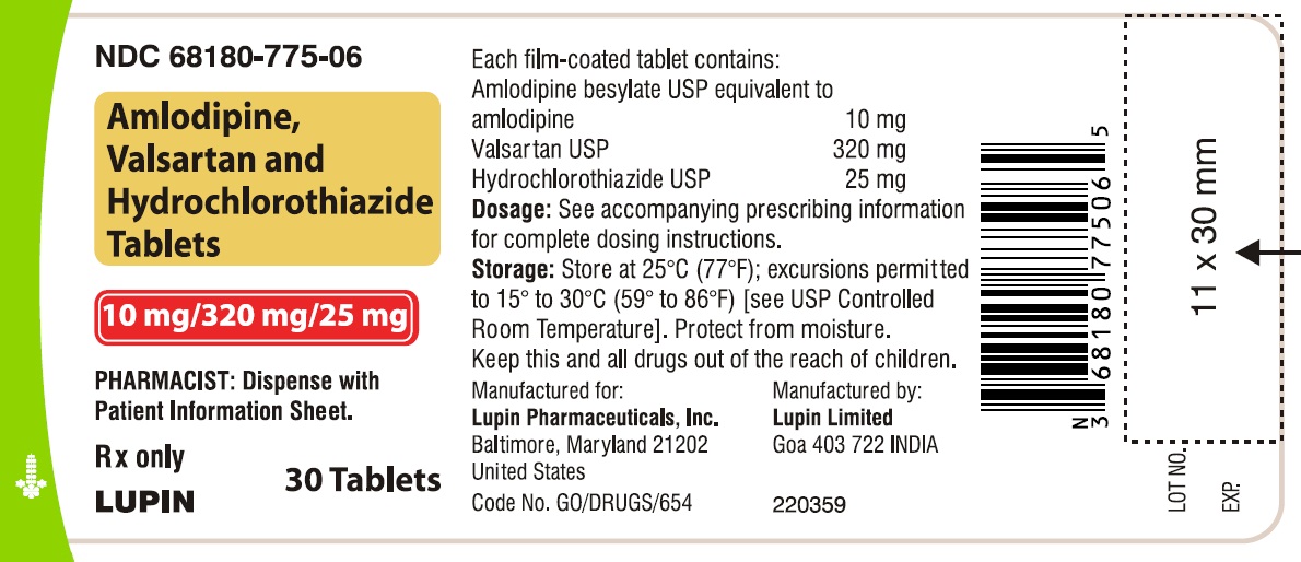 Amlodipine, Valsartan and Hydrochlorothiazide Tablets
Rx Only
10 mg/320 mg/25 mg
NDC: <a href=/NDC/68180-775-06>68180-775-06</a>
							30 Tablets