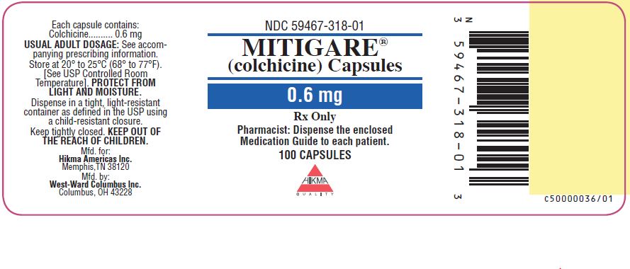 NDC: <a href=/NDC/59467-318-01>59467-318-01</a> MITIGARE® (colchicine) Capsules 0.6 mg 100 Capsules Rx Only