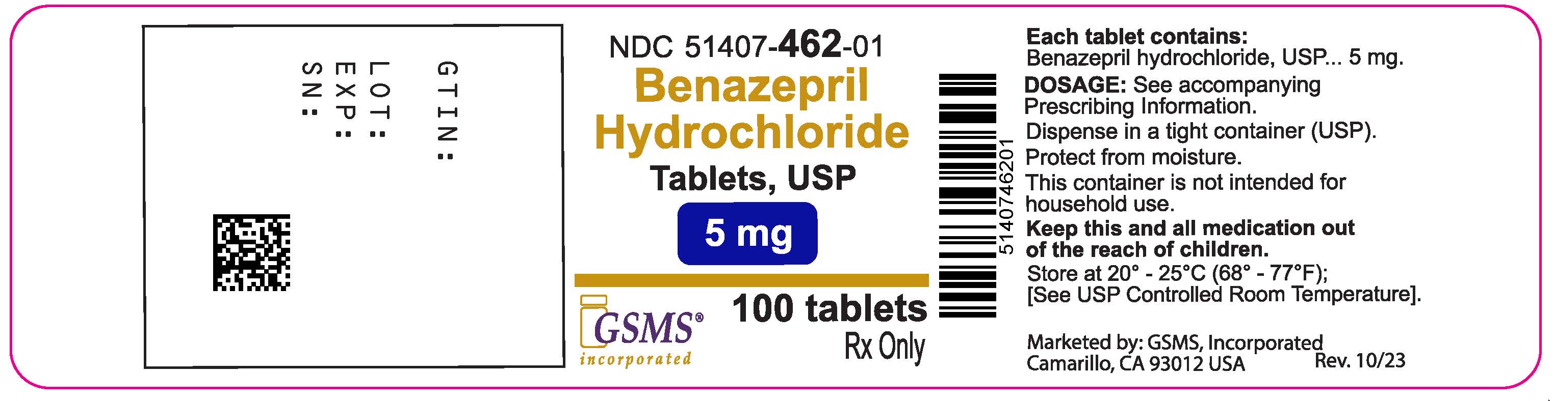 51407-462-01OL - BENAZEPRIL HCl 5MG TABLETS 100S - Rev. 1023.jpg