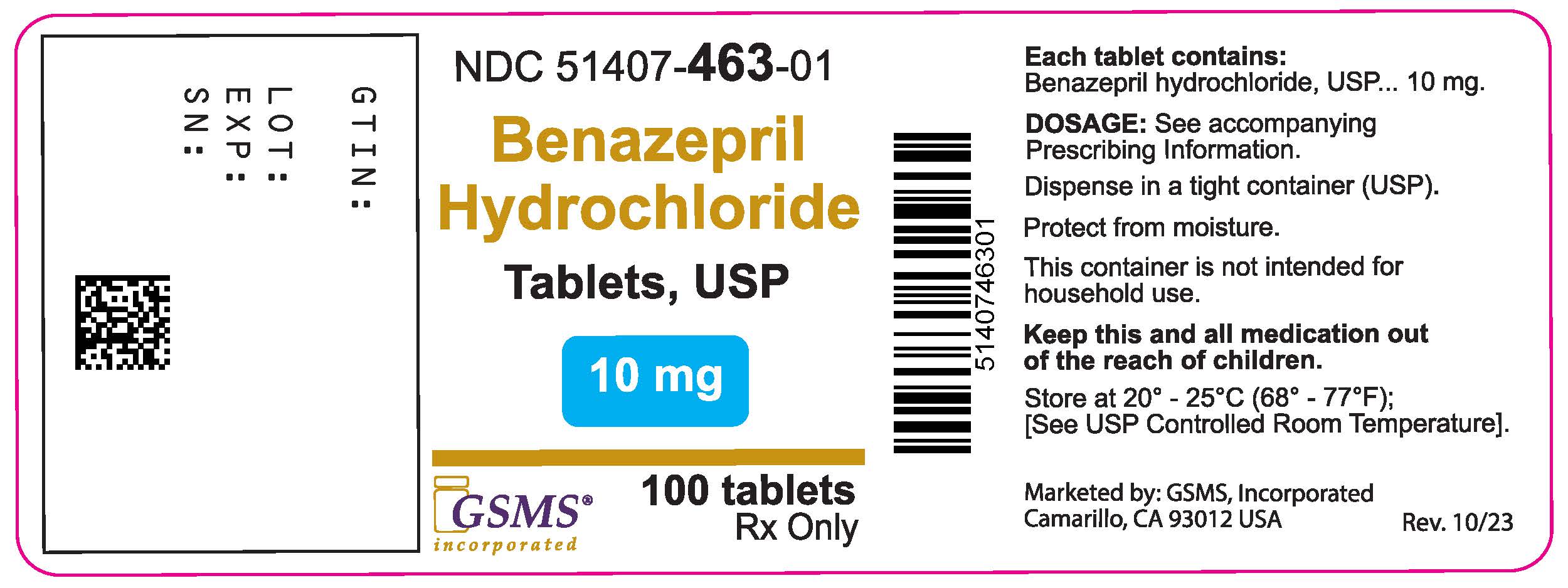 51407-463-01LB - BENAZEPRIL HCl 10MG TABLETS 100S - Rev. 1023.jpg