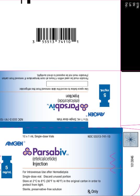 PRINCIPAL DISPLAY PANEL
10 x 1 mL Single-dose Vials
NDC: <a href=/NDC/55513-741-10>55513-741-10</a>
Amgen®
ParsabivTM 
(etelcalcetide)
Injection
5 mg/mL
For Intravenous Use after Hemodialysis
Single-dose vial. Discard unused portion
Store at 2°C to 8°C (36°F to 46°F) in the original carton in order to protect from light.
Sterile, preservative-free solution
Rx Only
