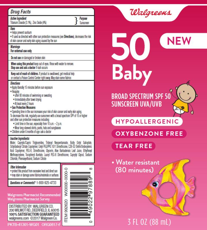 PRINCIPAL DISPLAY PANEL
Walgreens
50
Baby
Broad spectrum SPF 50
Sunscreen UVA/UVB
HYPOALLERGENIC
OXYBENZONE FREE
TEAR FREE
3 FL OZ (88 ML)
