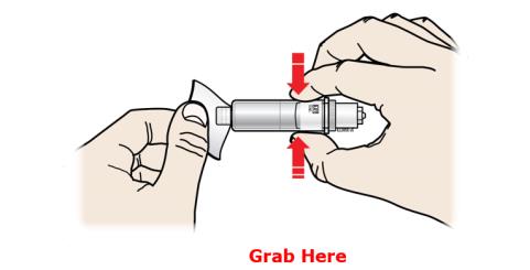 Load the cleaned cartridge into the on body infusor and firmly press on the top until it is secured in place. Make sure that you give your injection within 5 minutes after loading the cartridge. Do not insert the cartridge more than 5 minutes before injection. This can dry out the medicine.