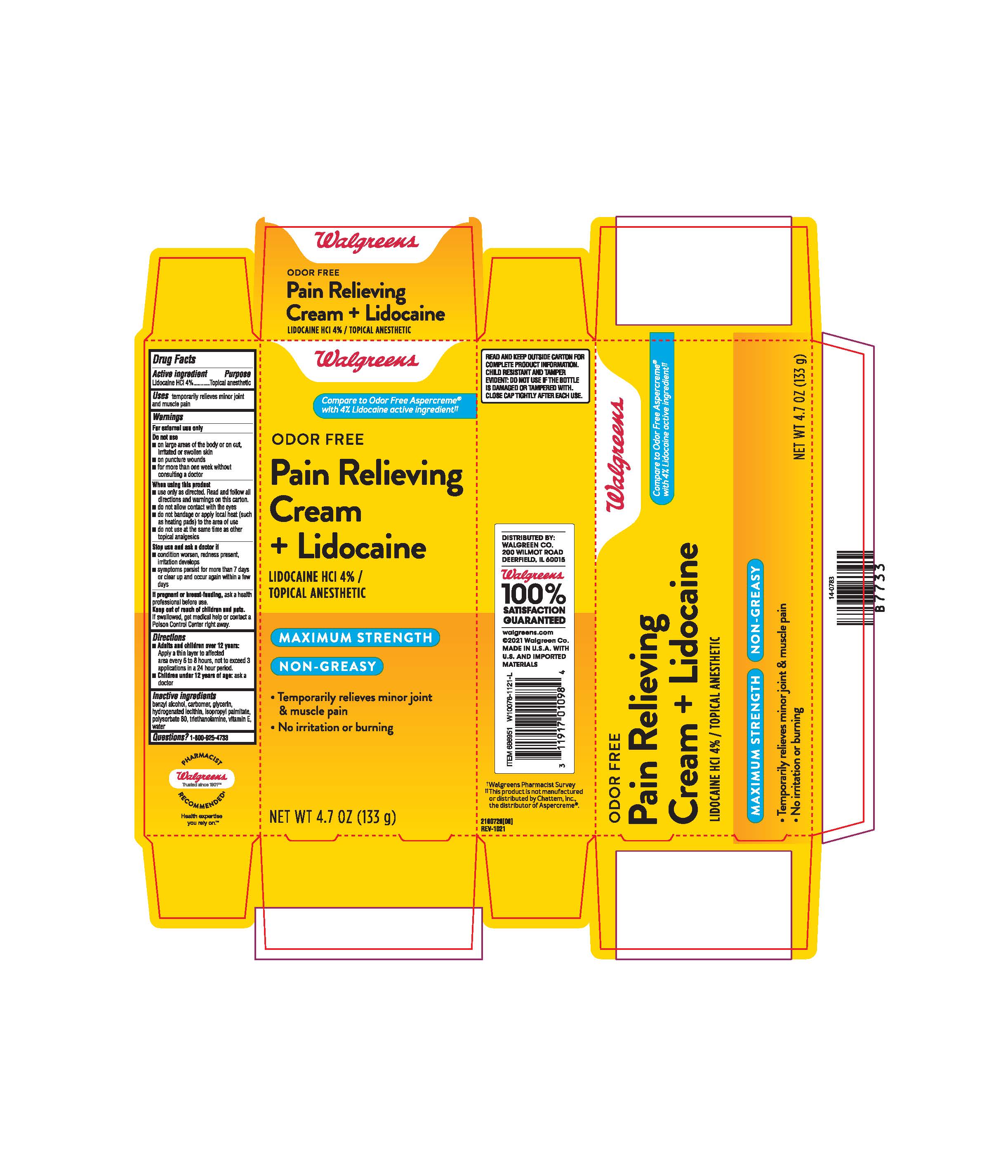 WALGREENS PAIN RELIEVING CREAM lidocaine 4 cream