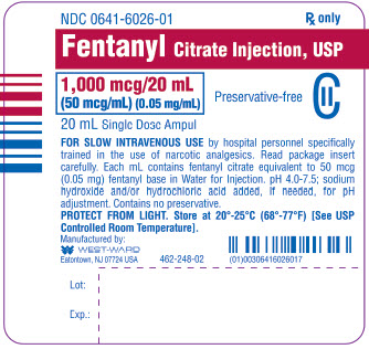 Fentanyl Citrate Injection, USP CII 1,000 mcg/20 mL (50 mcg/mL) (0.05 mg/mL) 20 mL Single Dose Ampul