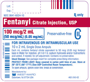Fentanyl Citrate Injection, USP CII 100 mcg/2 mL (50 mcg/mL) (0.05 mg/mL) 10 x 2 mL Single Dose Ampuls
