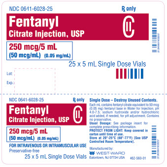 Fentanyl Citrate Injection, USP CII 250 mcg/5 mL (50 mcg/mL) (0.05 mg/mL) 25 x 5 mL Single Dose Vials