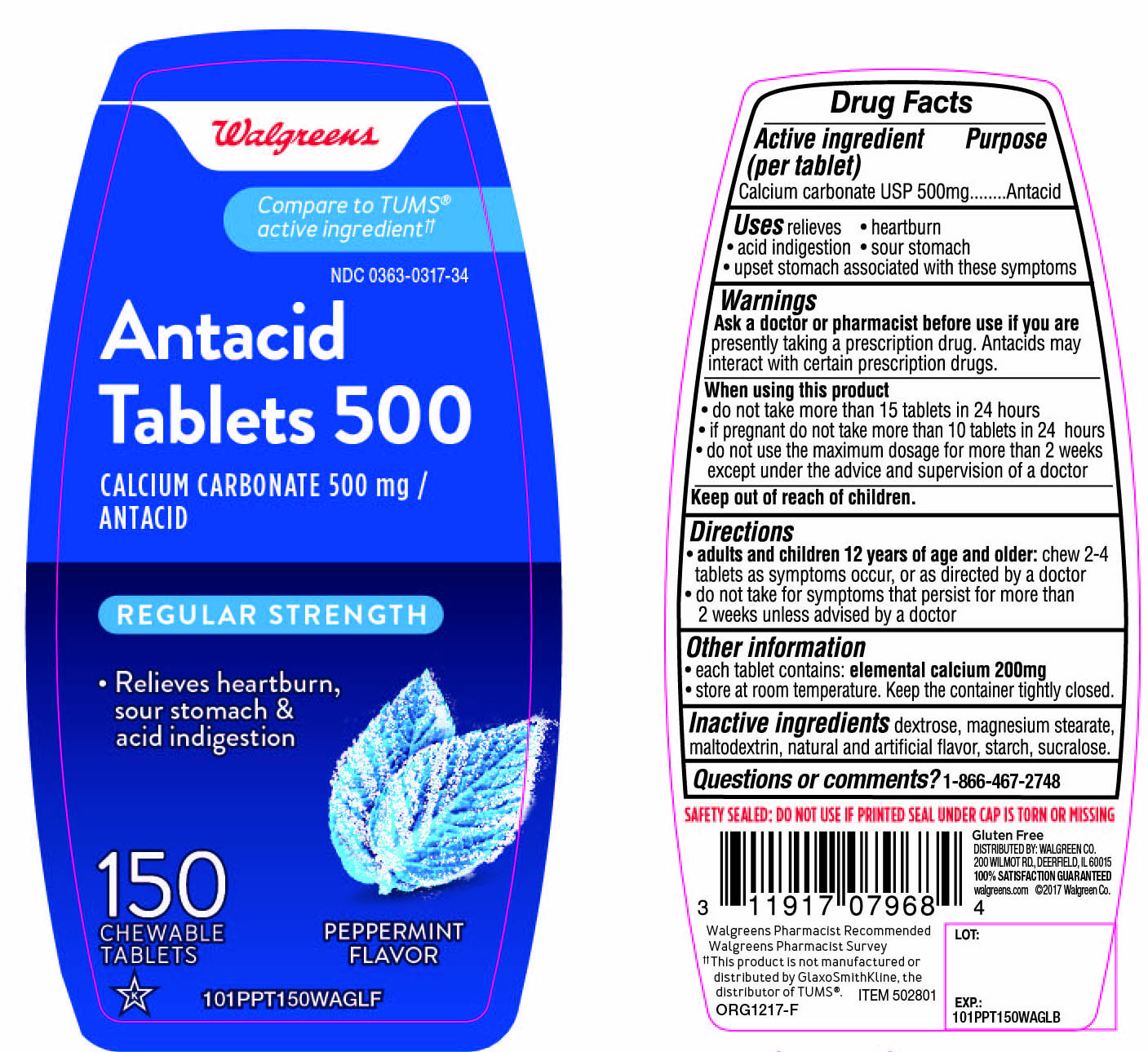 Walgreens Antacid Tablets 500 Regular Strength Peppermint Flavor 150 Chewable Tablets