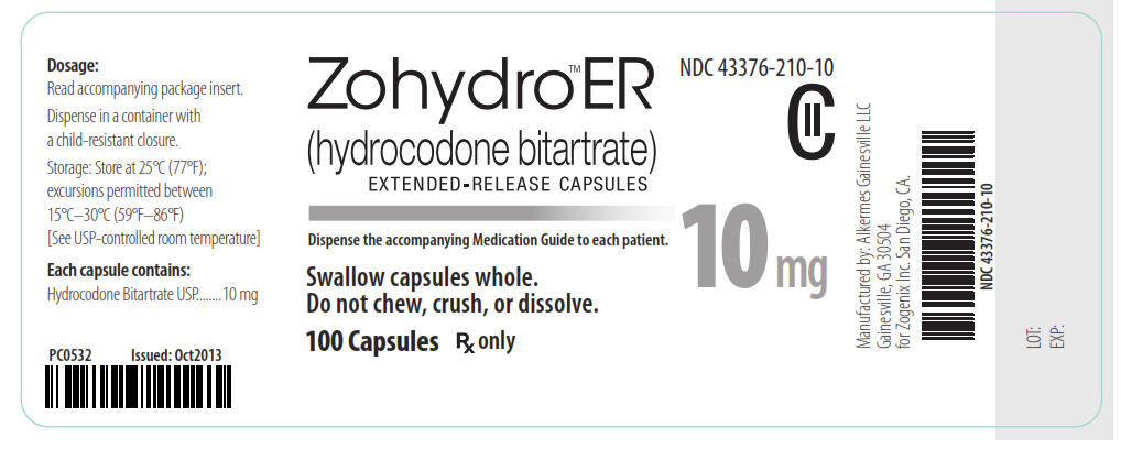 NDC: <a href=/NDC/43376-210-10>43376-210-10</a> CII Zohydro ER (hydrocodone bitartrate) Extended-Release Capsules 10 mg 100 Capsules Rx Only