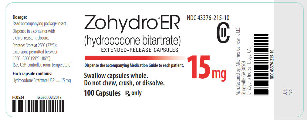 NDC: <a href=/NDC/43376-215-10>43376-215-10</a> CII Zohydro ER (hydrocodone bitartrate) Extended-Release Capsules 15 mg 100 Capsules Rx Only