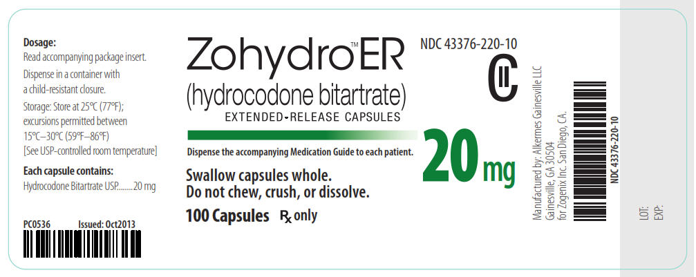 NDC: <a href=/NDC/43376-220-10>43376-220-10</a> CII Zohydro ER (hydrocodone bitartrate) Extended-Release Capsules 20 mg 100 Capsules Rx Only