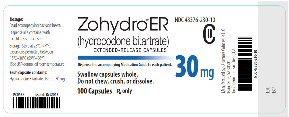 NDC: <a href=/NDC/43376-230-10>43376-230-10</a> CII Zohydro ER (hydrocodone bitartrate) Extended-Release Capsules 30 mg 100 Capsules Rx Only