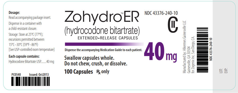 NDC: <a href=/NDC/43376-240-10>43376-240-10</a> CII Zohydro ER (hydrocodone bitartrate) Extended-Release Capsules 40 mg 100 Capsules Rx Only