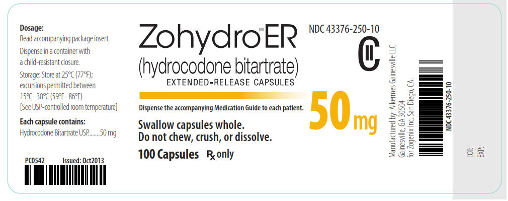 NDC: <a href=/NDC/43376-250-10>43376-250-10</a> CII Zohydro ER (hydrocodone bitartrate) Extended-Release Capsules 50 mg 100 Capsules Rx Only