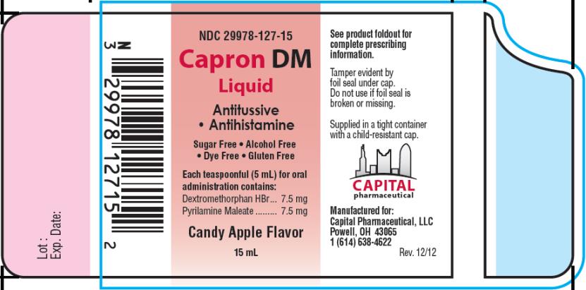 PRINCIPAL DISPLAY PANEL
NDC: <a href=/NDC/29978-127-15>29978-127-15</a>
Capron DM
Liquid
Candy Apple Flavor
15 mL
