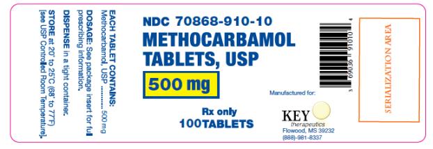 NDC: <a href=/NDC/70868-910-10>70868-910-10</a> 

METHOCARBAMOL
TABLETS, USP
500 mg

Rx only
100 TABLETS 

EACH TABLET CONTAINS: 
Methocarbamol, USP ………. 500 mg

DOSAGE: See package insert for full prescribing information.

DISPENSE in a tight container

STORE at 20 to 25°C (68° to 77°F) 
[see USP Controlled Room Temperature].

Manufactured for: 
KEY therapeutics 
Flowood, MS 39232 
(888)-981-8337
