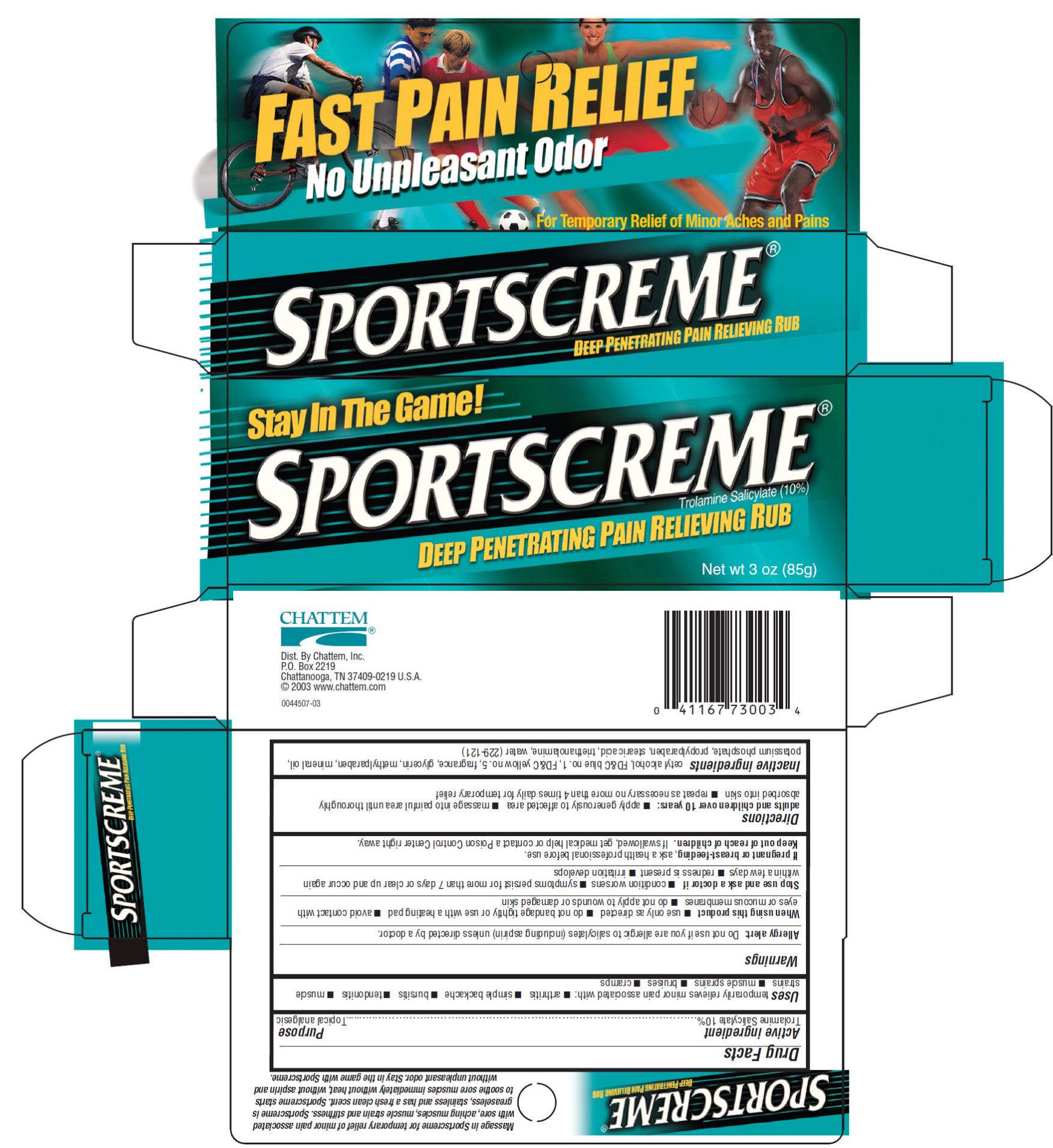 Fast Pain Relief No Unpleasant Odor SPORTSCREME® Deep Penetrating Pain Relieving Rub Trolamine Salicylate (10%) Net wt 3 oz (85g)