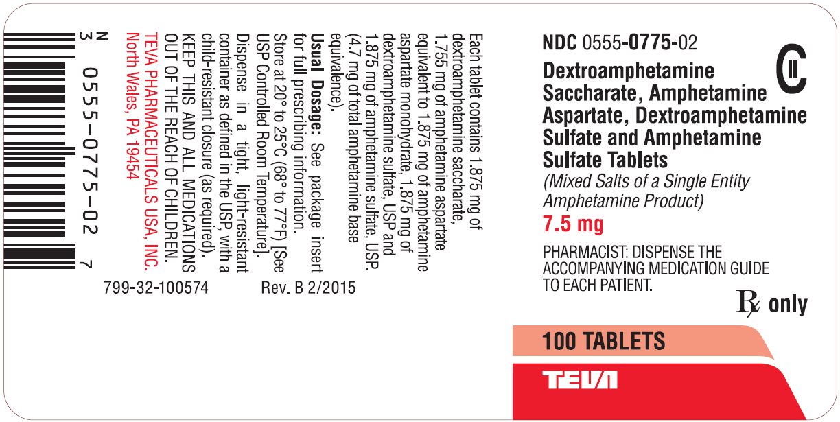 Dextroamphetamine Saccharate, Amphetamine Aspartate, Dextroamphetamine Sulfate and Amphetamine Sulfate Tablets 7.5 mg CII 100s Label