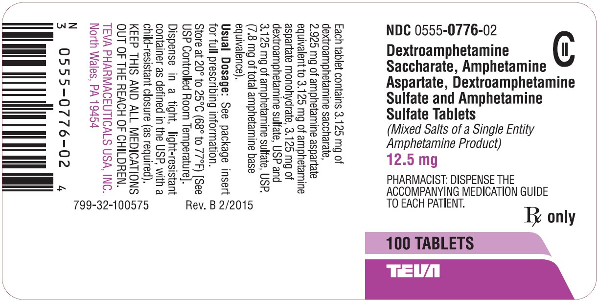Dextroamphetamine Saccharate, Amphetamine Aspartate, Dextroamphetamine Sulfate and Amphetamine Sulfate Tablets 12.5 mg CII 100s Label
