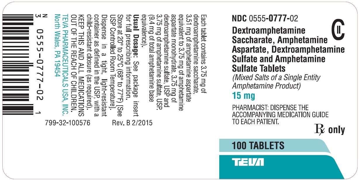 Dextroamphetamine Saccharate, Amphetamine Aspartate, Dextroamphetamine Sulfate and Amphetamine Sulfate Tablets 15 mg CII 100s Label