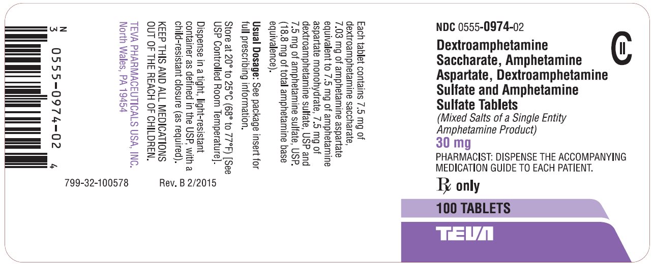 Dextroamphetamine Saccharate, Amphetamine Aspartate, Dextroamphetamine Sulfate and Amphetamine Sulfate Tablets 30 mg CII 100s Label