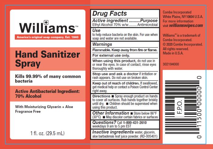 PRINCIPAL DISPLAY PANEL
Williams
Hand Sanitizer Spray
Kills 99.9% of many common bacteria
Active Antibacterial Ingredient: 70% Alcohol
Moisturizing Glycerin + Aloe
Fragrance Free
1 fl. oz. (29.5 mL)
