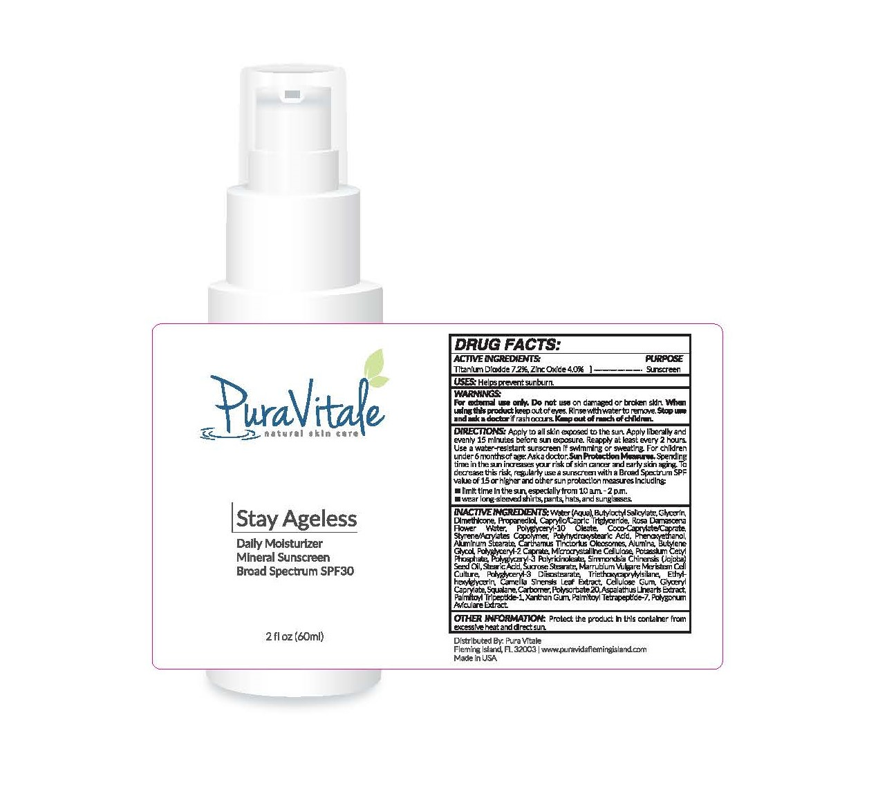 Pura Vitale Natural Skin Care Stay Ageless ​Daily Moisturizer Mineral Sunscreen Broad Spectrum SPF30 2 fl oz (60ml)