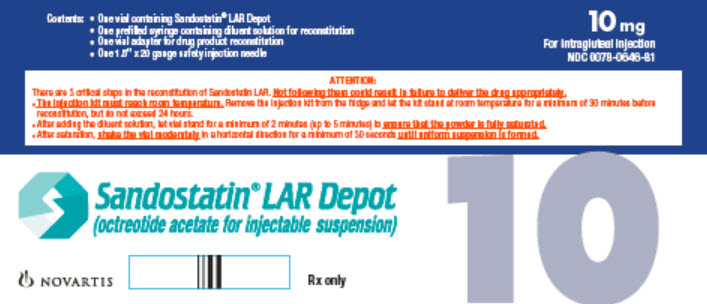 PRINCIPAL DISPLAY PANEL
Package Label – 10 mg
Rx Only		NDC: <a href=/NDC/0078-0646-81>0078-0646-81</a>
Sandostatin® LAR Depot
(octreotide acetate for injectable suspension)
10 mg
For Intragluteal Injection