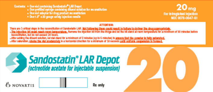 PRINCIPAL DISPLAY PANEL
Package Label – 20 mg
Rx Only		NDC: <a href=/NDC/0078-0647-81>0078-0647-81</a>
Sandostatin® LAR Depot
(octreotide acetate for injectable suspension)
20 mg
For Intragluteal Injection