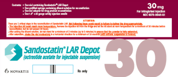 PRINCIPAL DISPLAY PANEL
Package Label – 30 mg
Rx Only		NDC: <a href=/NDC/0078-0648-81>0078-0648-81</a>
Sandostatin® LAR Depot
(octreotide acetate for injectable suspension)
30 mg
For Intragluteal Injection