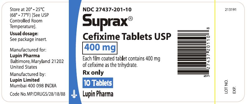 SUPRAX CEFIXIME TABLETS USP
400 mg
Rx only
							NDC: <a href=/NDC/27437-201-10>27437-201-10</a> - 10 Tablets Bottle Pack