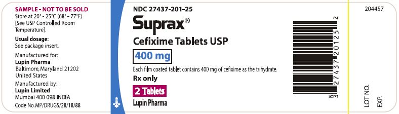 SUPRAX CEFIXIME TABLETS USP
400 mg
Rx only
							NDC: <a href=/NDC/27437-201-25>27437-201-25</a>: Bottle of 2 tablets [Physician Sample Pack]