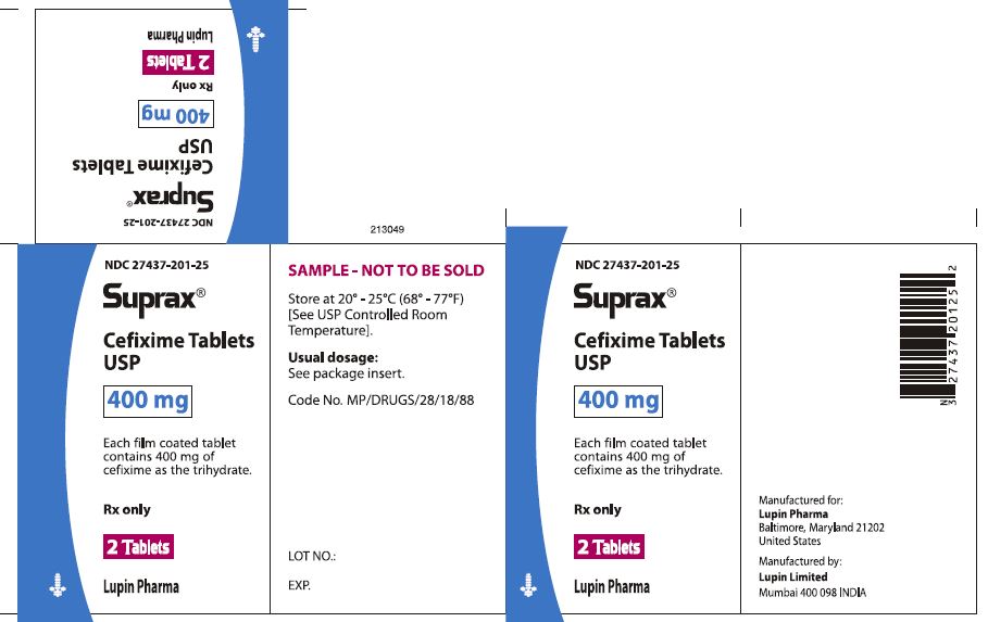 SUPRAX CEFIXIME TABLETS USP
400 mg
Rx only
							NDC: <a href=/NDC/27437-201-25>27437-201-25</a>: Carton for 2 Tablets [Physician Sample Pack]