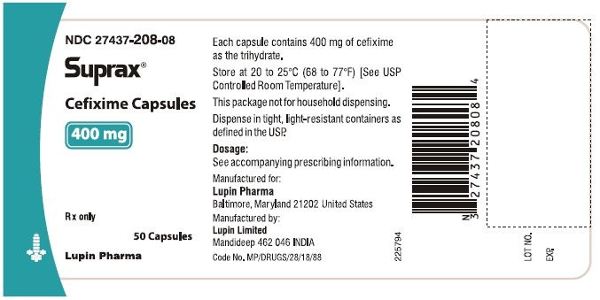 SUPRAX CEFIXIME CAPSULES
400 mg
Rx only
							NDC: <a href=/NDC/27437-208-08>27437-208-08</a>: Bottle of 50 capsules