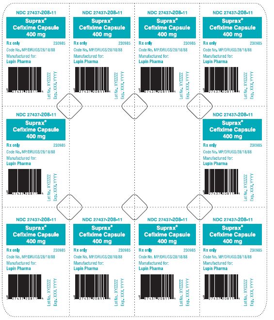 SUPRAX CEFIXIME CAPSULES
400 mg
Rx only
							NDC: <a href=/NDC/27437-208-11>27437-208-11</a>: Unit Dose Package of 10 (1 Blister of 10 capsules)