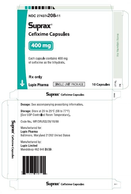 SUPRAX CEFIXIME CAPSULES
400 mg
Rx only
							NDC: <a href=/NDC/27437-208-11>27437-208-11</a>: Unit Dose Package of 10 (1 Blister of 10 capsules)