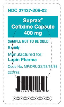 SUPRAX CEFIXIME CAPSULES
400 mg
Rx only
							NDC: <a href=/NDC/27437-208-02>27437-208-02</a>: Single Dose Package of 1 (Blister of 1 Capsule)