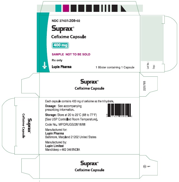 SUPRAX CEFIXIME CAPSULES
400 mg
Rx only
NDC: <a href=/NDC/27437-208-08>27437-208-08</a>: Bottle of 50 Capsules
							NDC: <a href=/NDC/27437-208-02>27437-208-02</a>: Single Dose Package of 1 (Blister of 1 Capsule)