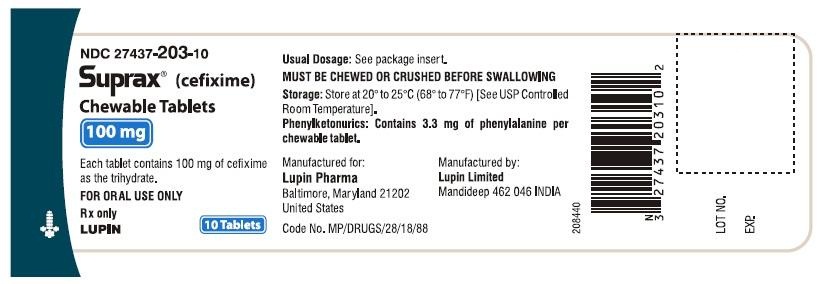 SUPRAX CEFIXIME CHEWABLE TABLETS
100 mg
Rx only
							NDC: <a href=/NDC/27437-203-10>27437-203-10</a>: Bottle of 10 tablets