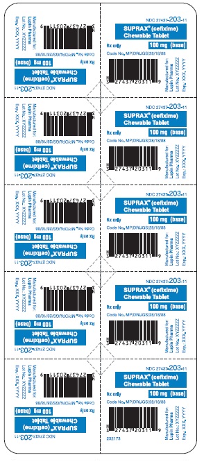 SUPRAX CEFIXIME CHEWABLE TABLETS
100 mg
Rx only
							NDC: <a href=/NDC/27437-203-11>27437-203-11</a>: Unit Dose Package of 10 (1 blister of 10 tablets)